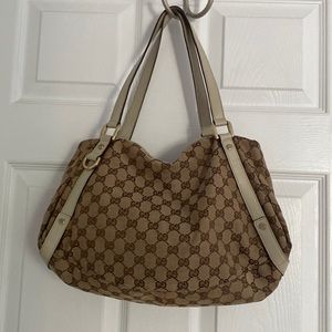 Gucci canvas shoulder bag with GG logo & L leather trim
